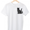 A white t - shirt with a black cat on it.