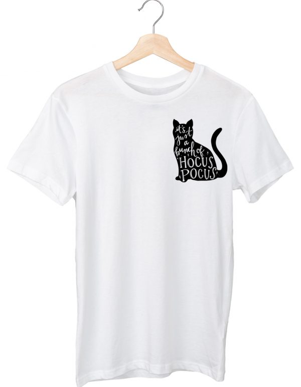 A white t - shirt with a black cat on it.